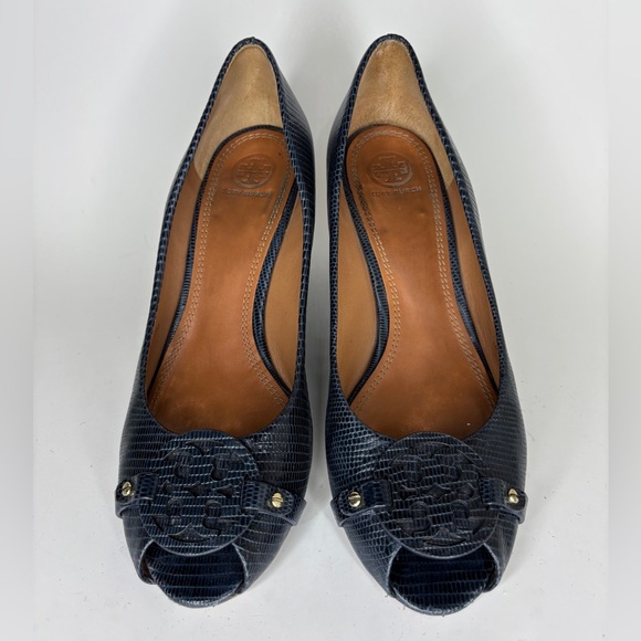 Tory Burch Shoes Wedge Heels Women Size 10M Blue Leather Logo Open Toe - Picture 16 of 16